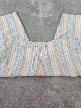 Juniper + Lime 1X Striped Capri Pants Blue Tan Linen Rayon Elastic Waist CAP38E